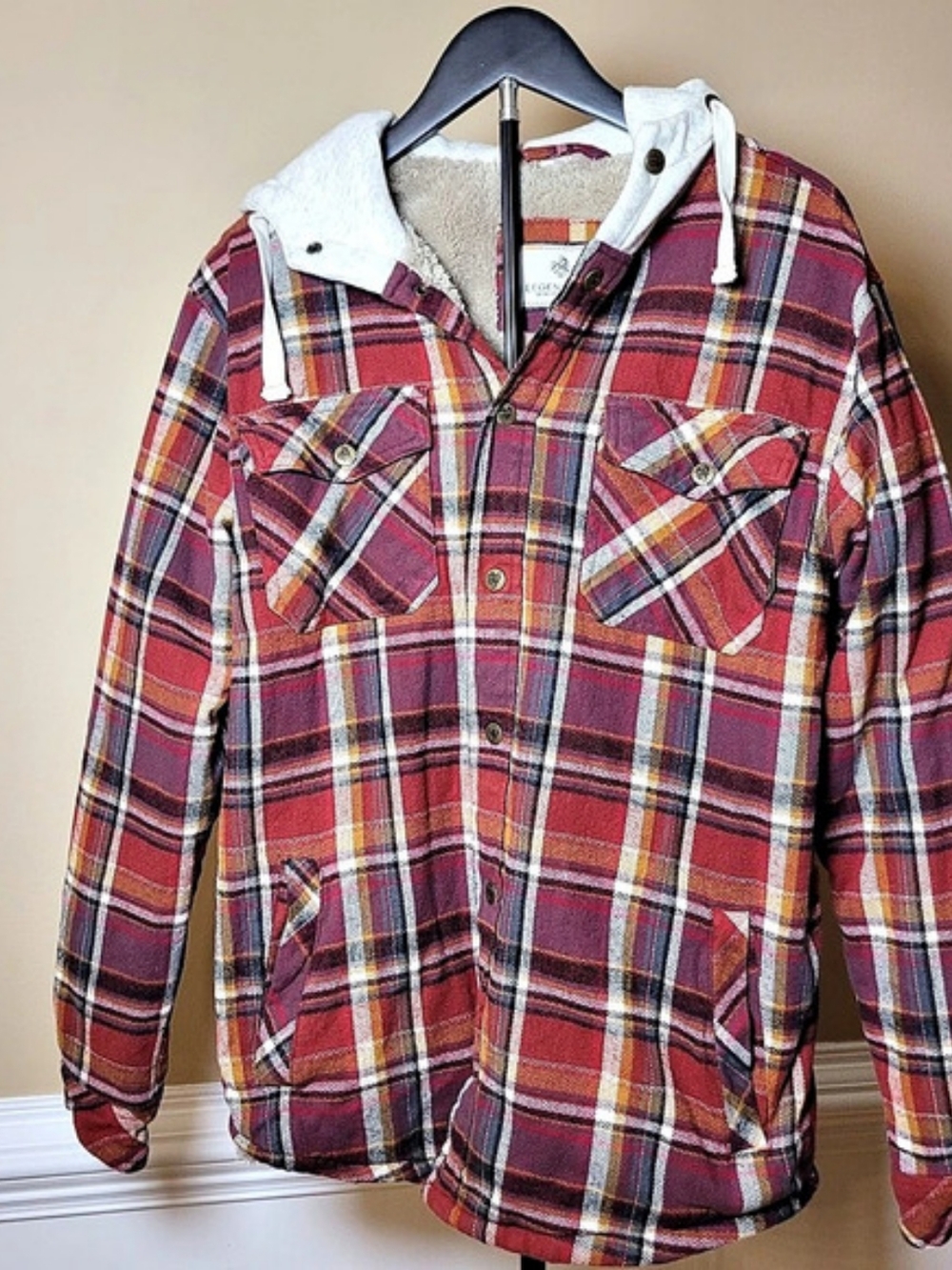 Legendary Whitetails Men's Camp Night Berber Lined Hooded Flannel Shirt Jacket M